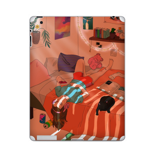 Наклейка на Планшет Apple iPad 5 2017-2018 Комната,  купить в Москве – интернет-магазин Allskins, лето, оранжевый, кошка, молота, мило, уют, искусство, иллюстация, гирлянда, светлый, девушка