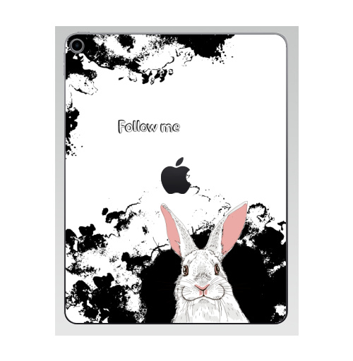 Наклейка на Планшет Apple iPad 7 2019 Следуй за белым кроликом,  купить в Москве – интернет-магазин Allskins, надписи на английском, заяц, белый, графика, надписи, черный, черно-белое, кролики, животные, зима