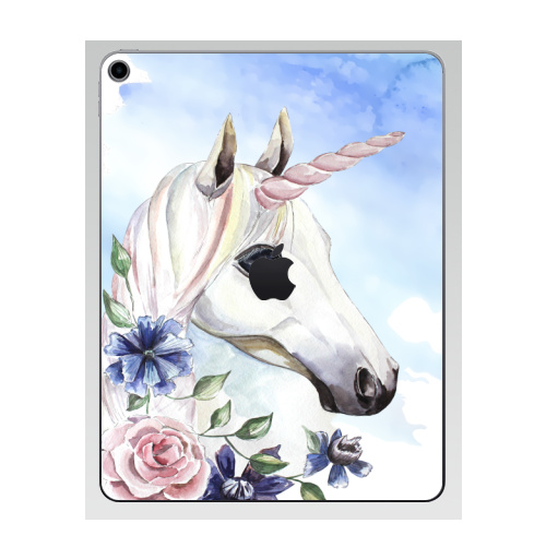 Наклейка на Планшет Apple iPad 7 2019 Единорог в цветах,  купить в Москве – интернет-магазин Allskins, единорог, цветы, акварель, васильки, василек, розовый, голубой, пастельный, лошадь