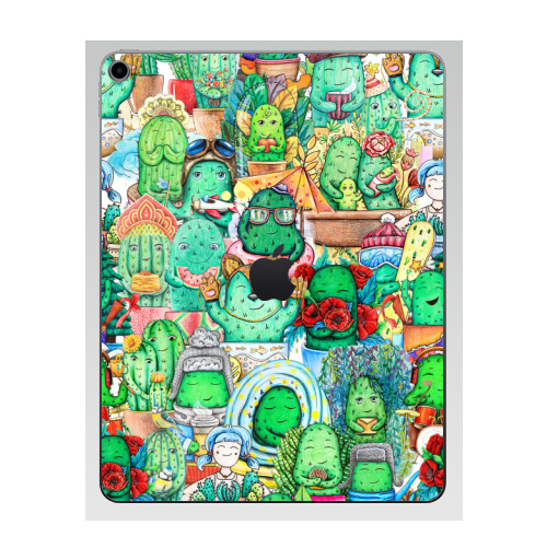 Наклейка на Планшет Apple iPad 7 2019 Большая компания кактусов,  купить в Москве – интернет-магазин Allskins, кактусы, иллюстация, зеленый, колючий, персонажи, работа