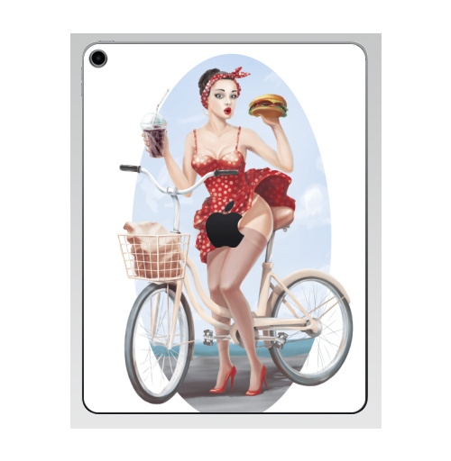 Наклейка на Планшет Apple iPad 7 2019 Девушка кушает бургер на велосипеде,  купить в Москве – интернет-магазин Allskins, девушка, бургер, велосипед, гозировка, платье, пин ап, красный, губы, горошек, позитив, веселый, радость, еда