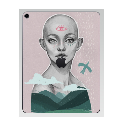Наклейка на Планшет Apple iPad 7 2019 Дух жизни,  купить в Москве – интернет-магазин Allskins, изумрудный, зеленый, розовый, небо, карандаш, графика, лицо, природа, черно-белое, птицы, пастельный, горы, глаз, сюрреализм, девушка