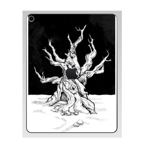 Наклейка на Планшет Apple iPad 7 2019 Старое дерево с дверью и ветками черно-белое,  купить в Москве – интернет-магазин Allskins, лес, ветка, черно-белое, графика, гравюра, дверь, черный_фон