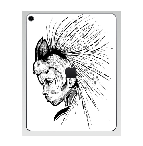 Наклейка на Планшет Apple iPad 7 2019 Женщина с дикообразом на голове,  купить в Москве – интернет-магазин Allskins, девушка, афроамериканка, Дикобраз, животные, черно-белое, графика, гравюра, женщинакошка, глаз, иглу