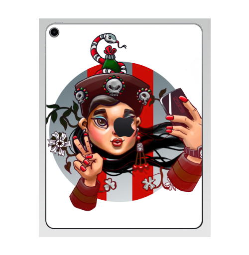 Наклейка на Планшет Apple iPad 7 2019 Гуччи гёл,  купить в Москве – интернет-магазин Allskins, стритарт, Гучи, гуччи, девушка, красный, селфи, цветы, змея, череп