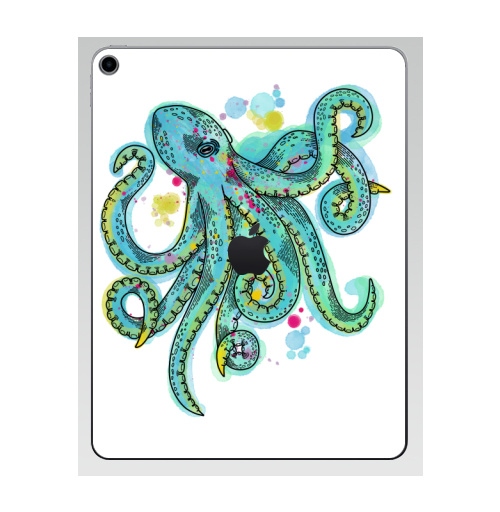 Наклейка на Планшет Apple iPad 7 2019 Бирюзовый осьминог,  купить в Москве – интернет-магазин Allskins, классика, осьминог, бирюзовый, графика, щупальца, морская