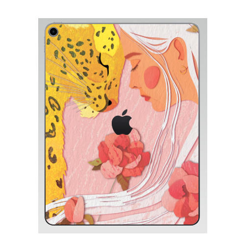 Наклейка на Планшет Apple iPad 7 2019 Девушка с леопардом,  купить в Москве – интернет-магазин Allskins, философские, нежно, авторскийрисунок, девушка, розовый, желтый, леопард, дикоеживотное, портреты, белокурая, блондинка, цветы