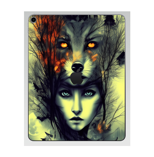 Наклейка на Планшет Apple iPad 7 2019 Ночные фантазии охотника.,  купить в Москве – интернет-магазин Allskins, сюрреализм, фэнтези, охота, девушка, волк, лесной, дикий, луна, огонь, читатель, психоделика, дизайнерский, модный, стильно, черный, желтый