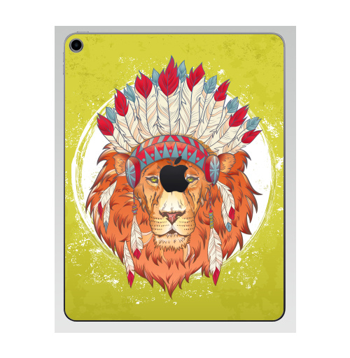 Наклейка на Планшет Apple iPad 7 2019 ВОЖДЬ ЗВЕРЕЙ,  купить в Москве – интернет-магазин Allskins, индеец, животные, лев, иллюстация, перья