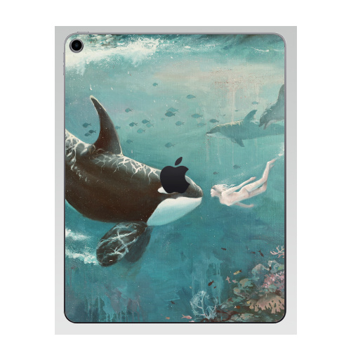 Наклейка на Планшет Apple iPad 7 2019 Орка,  купить в Москве – интернет-магазин Allskins, голубой, любовь, касатка, морская, подводная, дельфины, девушка, зеленый