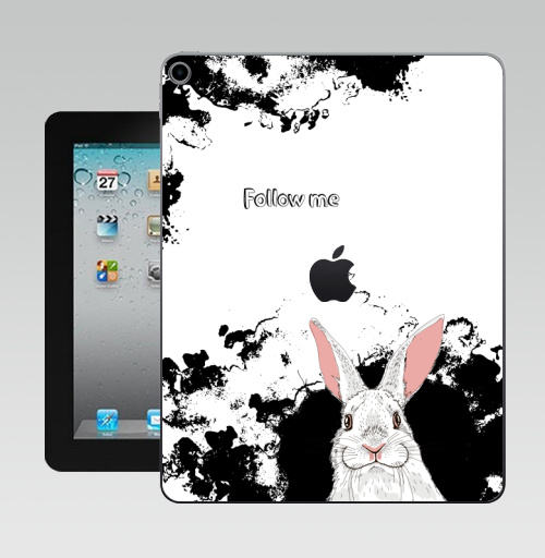 Наклейка на Планшет Apple iPad 10.2 Gen 8 Wi-Fi Следуй за белым кроликом,  купить в Москве – интернет-магазин Allskins, надписи на английском, заяц, белый, графика, надписи, черный, черно-белое, кролики, животные, зима