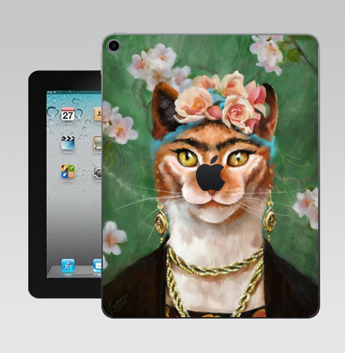 Наклейка на Планшет Apple iPad 10.2 Gen 8 Wi-Fi Фрида Кало моими глазами,  купить в Москве – интернет-магазин Allskins, фрида, кало, кошка, розы, масло, яркий, Мексика, зеленный