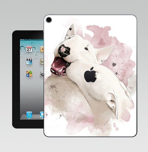 Наклейка на Планшет Apple iPad 10.2 Gen 8 Wi-Fi Влюбленные бультерьеры,  купить в Москве – интернет-магазин Allskins, крутые животные, собаки, бультерьер, любовь, сердце, акварель, нежно, поцелуй, животные, милые животные