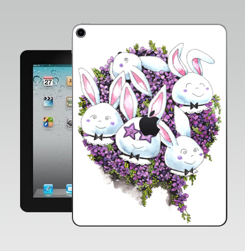 Наклейка на Планшет Apple iPad 10.2 Gen 8 Wi-Fi Позитивные зайчики,  купить в Москве – интернет-магазин Allskins, милые животные, акварель, животные, прикольные_рисунки, цветы, букет, заяц, зайчонок, рокнролл, фиолетовый