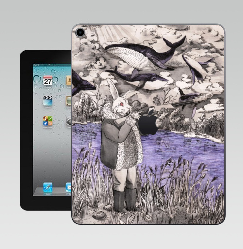 Наклейка на Планшет Apple iPad 10.2 Gen 8 Wi-Fi Разлетались тут,  купить в Москве – интернет-магазин Allskins, дед, злой_кролик, заяц, летающие_киты, киты, ружьё