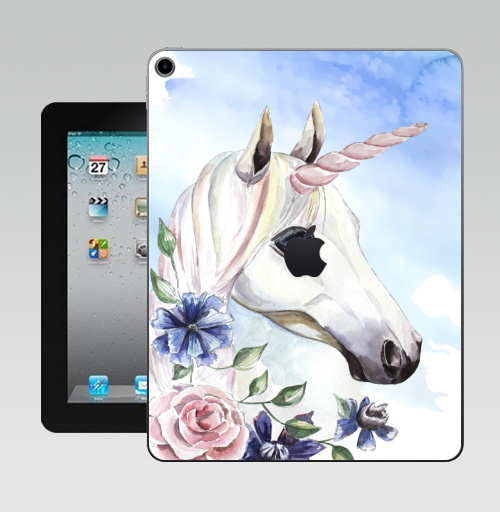 Наклейка на Планшет Apple iPad 10.2 Gen 8 Wi-Fi Единорог в цветах,  купить в Москве – интернет-магазин Allskins, единорог, цветы, акварель, васильки, василек, розовый, голубой, пастельный, лошадь
