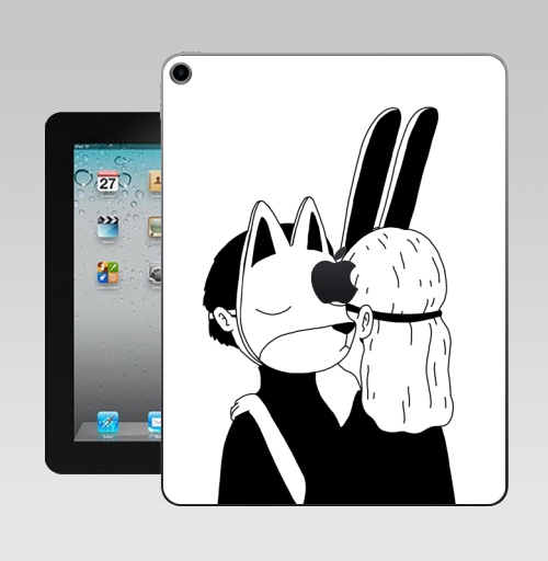Наклейка на Планшет Apple iPad 10.2 Gen 8 Wi-Fi Лис и зайка,  купить в Москве – интернет-магазин Allskins, черное и белое, заяц, лиса, любовь