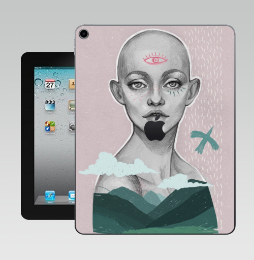 Наклейка на Планшет Apple iPad 10.2 Gen 8 Wi-Fi Дух жизни,  купить в Москве – интернет-магазин Allskins, изумрудный, зеленый, розовый, небо, карандаш, графика, лицо, природа, черно-белое, птицы, пастельный, горы, глаз, сюрреализм, девушка