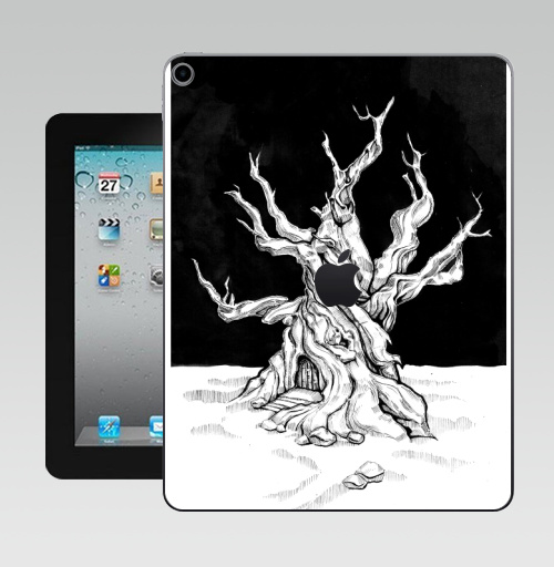 Наклейка на Планшет Apple iPad 10.2 Gen 8 Wi-Fi Старое дерево с дверью и ветками черно-белое,  купить в Москве – интернет-магазин Allskins, лес, ветка, черно-белое, графика, гравюра, дверь, черный_фон