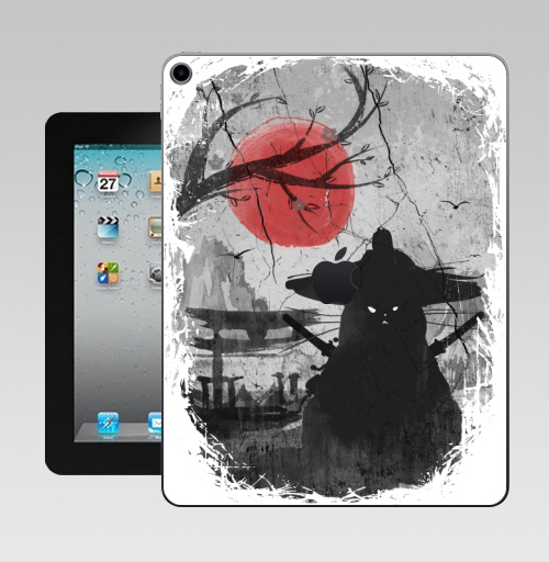 Наклейка на Планшет Apple iPad 10.2 Gen 8 Wi-Fi Японский Кот Самурай,  купить в Москве – интернет-магазин Allskins, кот самурай, сакура, черный, клан, луна, katana, ниндзя, самурай, Япония, кошка, сарказм