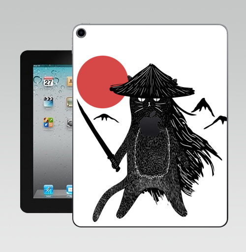 Наклейка на Планшет Apple iPad 10.2 Gen 8 Wi-Fi Котик Самурай,  купить в Москве – интернет-магазин Allskins, философские, кошка, Япония, самурай, ниндзя, katana, луна, клан, черный, сакура, кот самурай, замок, птицы, минимализм