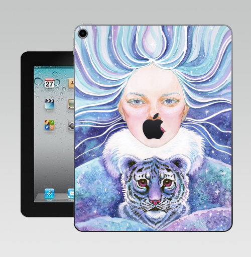 Наклейка на Планшет Apple iPad 10.2 Gen 8 Wi-Fi Девочка с тигрёнком,  купить в Москве – интернет-магазин Allskins, полёт, голубыеволосы, мальвина, симметрия, глаз, декабрь, февраль, январь, снег, волны, волосы, голубой, детские, девушка, тигра, тигры, зима