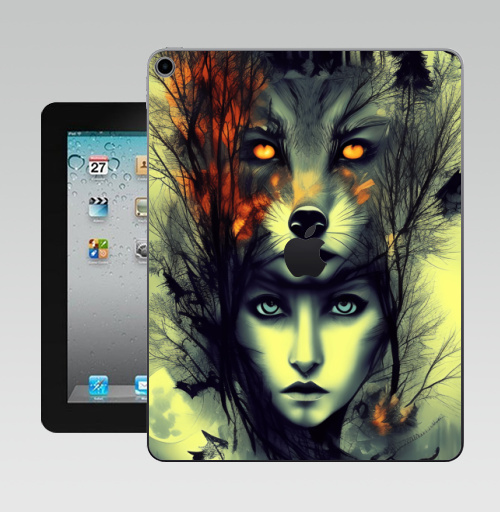Наклейка на Планшет Apple iPad 10.2 Gen 8 Wi-Fi Ночные фантазии охотника.,  купить в Москве – интернет-магазин Allskins, сюрреализм, фэнтези, охота, девушка, волк, лесной, дикий, луна, огонь, читатель, психоделика, дизайнерский, модный, стильно, черный, желтый