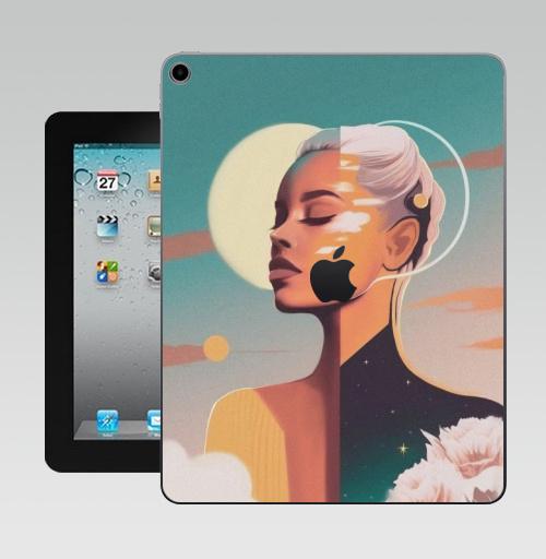 Наклейка на Планшет Apple iPad 10.2 Gen 8 Wi-Fi Сияющая красота, девушка солнце,  купить в Москве – интернет-магазин Allskins, ретро, желтый, изумрудный, зеленый, берюзовый, облока, пейзаж, космос, цветы, солнце, девушка