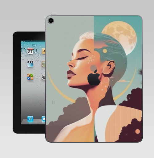 Наклейка на Планшет Apple iPad 10.2 Gen 8 Wi-Fi Лунный свет в тропическом раю,  купить в Москве – интернет-магазин Allskins, сюрреализм, девушка, луна, тропики, небо, пейзаж, ретро, серфинг, портреты, женственно, голубой