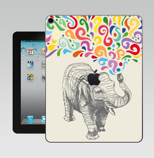 Наклейка на Планшет Apple iPad 10.2 Gen 8 Wi-Fi Слон,  купить в Москве – интернет-магазин Allskins, 300 Лучших работ, животные, графика, брызги, слоны, разноцветное, фонтан