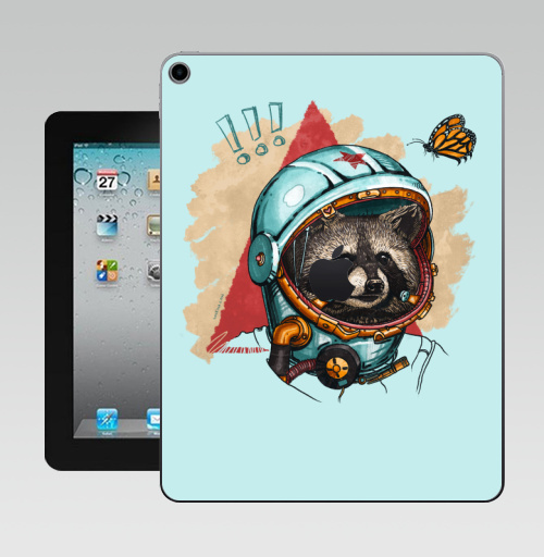 Наклейка на Планшет Apple iPad 10.2 Gen 8 Wi-Fi Весенний енот,  купить в Москве – интернет-магазин Allskins, голубой, енот, бабочки, космос, весна, Гагарин, 300 Лучших работ