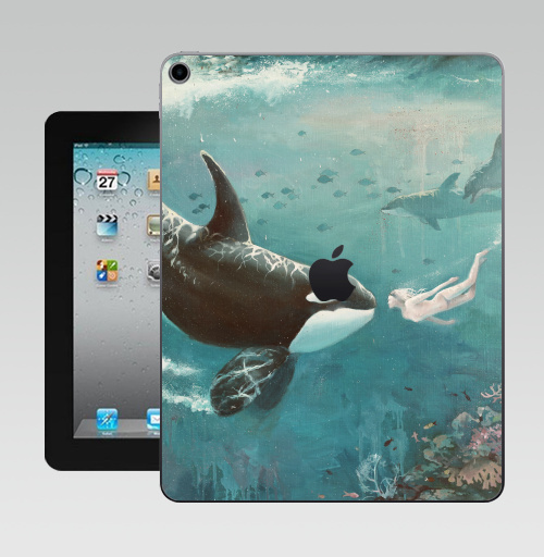 Наклейка на Планшет Apple iPad 10.2 Gen 8 Wi-Fi Орка,  купить в Москве – интернет-магазин Allskins, голубой, любовь, касатка, морская, подводная, дельфины, девушка, зеленый
