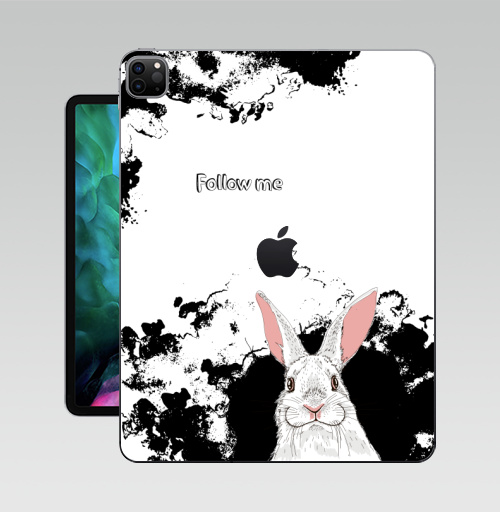 Наклейка на Планшет Apple iPad Pro 12.9 (2020) A2229 Следуй за белым кроликом,  купить в Москве – интернет-магазин Allskins, надписи на английском, заяц, белый, графика, надписи, черный, черно-белое, кролики, животные, зима
