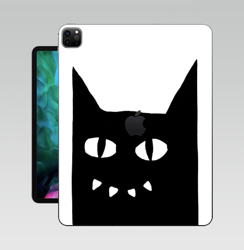 Наклейка на Планшет Apple iPad Pro 12.9 (2020) A2229 Черный кот на белом.,  купить в Москве – интернет-магазин Allskins, черно-белое, животные, черный, черныйкот, улыбка, кошка, Глазищи