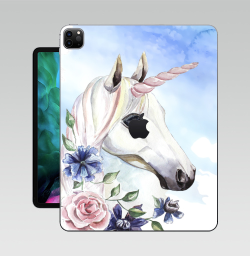 Наклейка на Планшет Apple iPad Pro 12.9 (2020) A2229 Единорог в цветах,  купить в Москве – интернет-магазин Allskins, единорог, цветы, акварель, васильки, василек, розовый, голубой, пастельный, лошадь