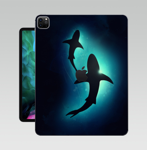 Наклейка на Планшет Apple iPad Pro 12.9 (2020) A2229 Черные акулы,  купить в Москве – интернет-магазин Allskins, брызги, акварель, иллюстация, паттерн, солнце, вода, оекан, морская, рыба, акула
