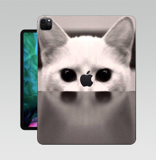 Наклейка на Планшет Apple iPad Pro 12.9 (2020) A2229 Сквозь...,  купить в Москве – интернет-магазин Allskins, черно-белый, киса, кошка, глаз, фотография