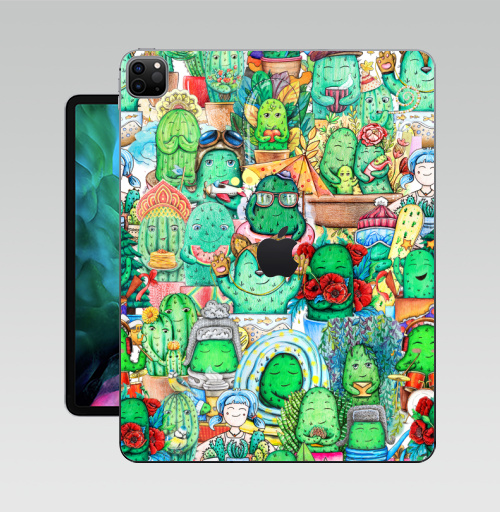 Наклейка на Планшет Apple iPad Pro 12.9 (2020) A2229 Большая компания кактусов,  купить в Москве – интернет-магазин Allskins, кактусы, иллюстация, зеленый, колючий, персонажи, работа