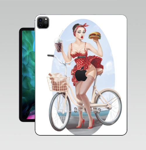 Наклейка на Планшет Apple iPad Pro 12.9 (2020) A2229 Девушка кушает бургер на велосипеде,  купить в Москве – интернет-магазин Allskins, девушка, бургер, велосипед, гозировка, платье, пин ап, красный, губы, горошек, позитив, веселый, радость, еда