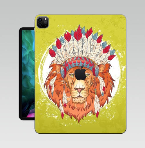 Наклейка на Планшет Apple iPad Pro 12.9 (2020) A2229 ВОЖДЬ ЗВЕРЕЙ,  купить в Москве – интернет-магазин Allskins, индеец, животные, лев, иллюстация, перья