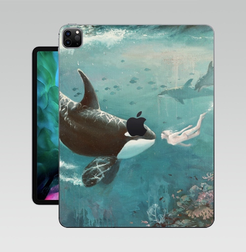 Наклейка на Планшет Apple iPad Pro 12.9 (2020) A2229 Орка,  купить в Москве – интернет-магазин Allskins, голубой, любовь, касатка, морская, подводная, дельфины, девушка, зеленый