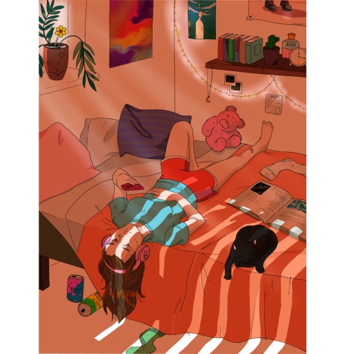 Наклейка на Планшет Apple iPad Air (2020) A2316 Комната,  купить в Москве – интернет-магазин Allskins, лето, оранжевый, кошка, молота, мило, уют, искусство, иллюстация, гирлянда, светлый, девушка