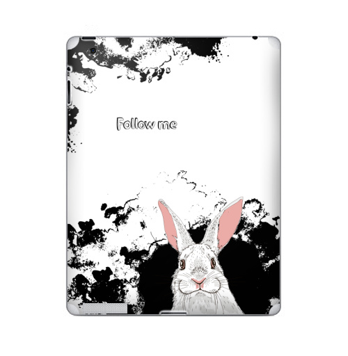 Наклейка на Планшет Apple iPad Следуй за белым кроликом,  купить в Москве – интернет-магазин Allskins, надписи на английском, заяц, белый, графика, надписи, черный, черно-белое, кролики, животные, зима
