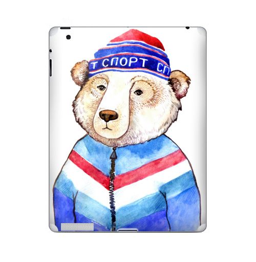 Наклейка на Планшет Apple iPad Мишаня,  купить в Москве – интернет-магазин Allskins, крутые животные, милые животные, синий, шапка, животные, спорт, михалыч, медведь, Россия, патриотические