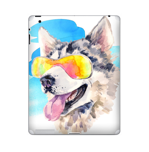 Наклейка на Планшет Apple iPad Хаски сноубордист,  купить в Москве – интернет-магазин Allskins, крутые животные, мило, животные, персонажи, собаки, хаски, акварель, детские, соба, милые животные