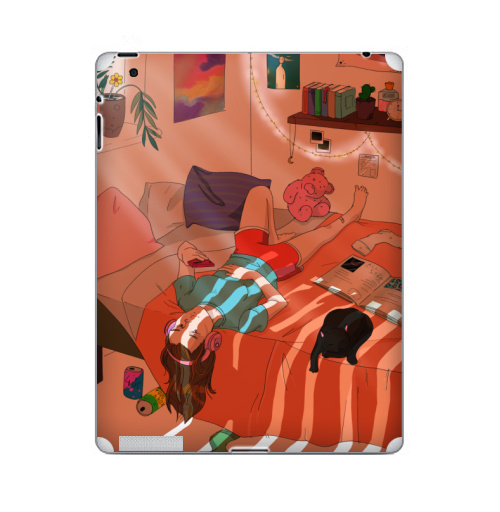 Наклейка на Планшет Apple iPad Комната,  купить в Москве – интернет-магазин Allskins, лето, оранжевый, кошка, молота, мило, уют, искусство, иллюстация, гирлянда, светлый, девушка