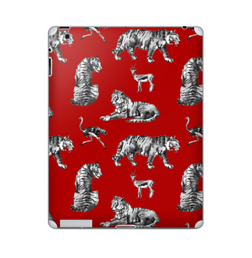 Наклейка на Планшет Apple iPad Тигры на красном,  купить в Москве – интернет-магазин Allskins, зверушки, африка, Саванна, антилопа, дикая, природа, фауна, хищник, добыча
