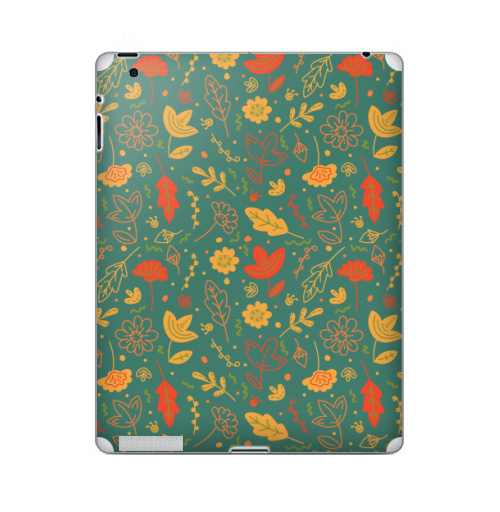Наклейка на Планшет Apple iPad Цветы и листья в стиле Дудл,  купить в Москве – интернет-магазин Allskins, графика, яркий, зеленый, желтый, оранжевый, фонарь, Темная, зеленй, цветы, ветка, оражевый, осень, лето, листья, дудлы