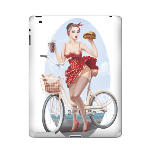 Наклейка на Планшет Apple iPad Девушка кушает бургер на велосипеде,  купить в Москве – интернет-магазин Allskins, девушка, бургер, велосипед, гозировка, платье, пин ап, красный, губы, горошек, позитив, веселый, радость, еда