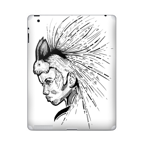 Наклейка на Планшет Apple iPad Женщина с дикообразом на голове,  купить в Москве – интернет-магазин Allskins, девушка, афроамериканка, Дикобраз, животные, черно-белое, графика, гравюра, женщинакошка, глаз, иглу